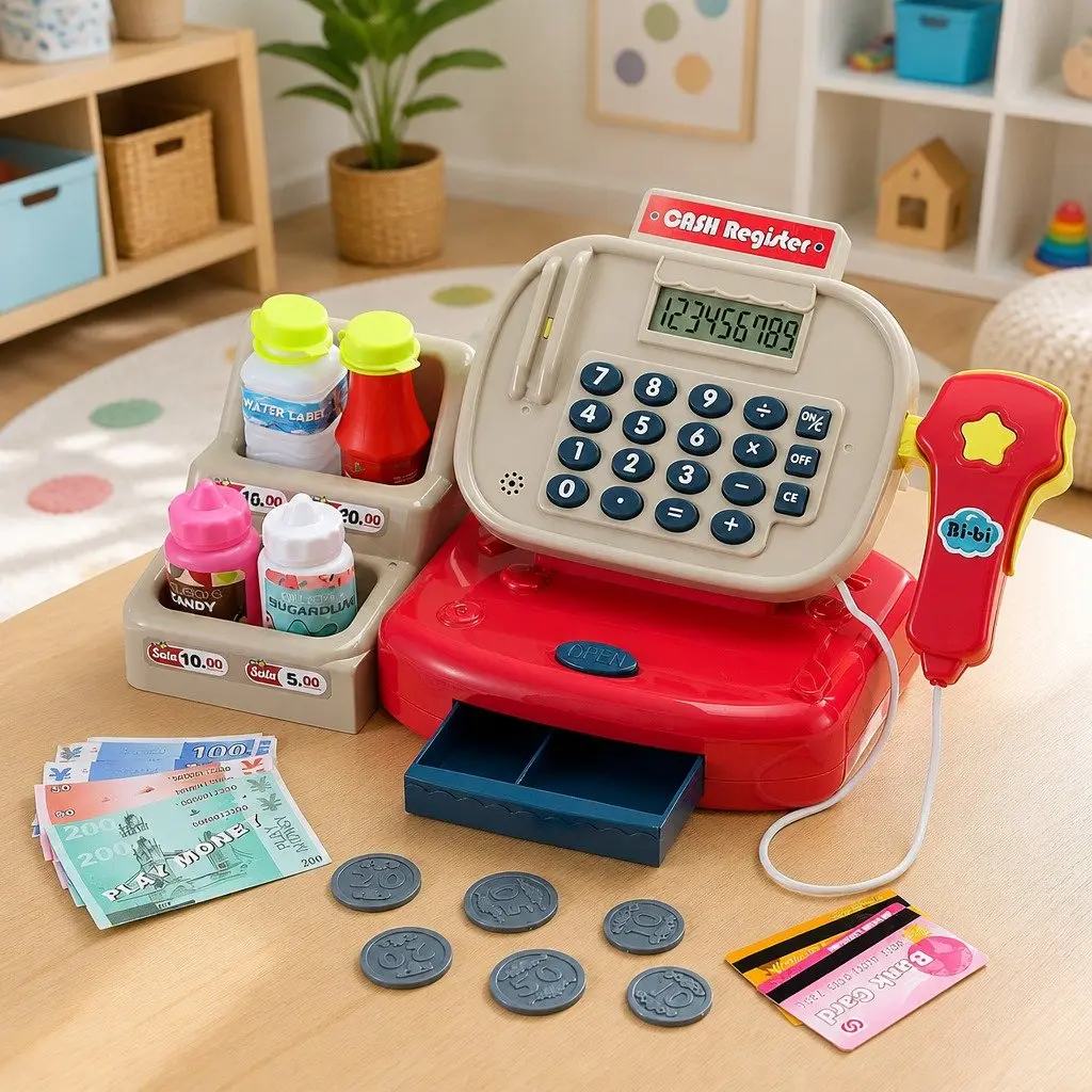 Kids Cash Register Pretend Play Set for Shopping Role Play 31 x 11.5 x 15 cm