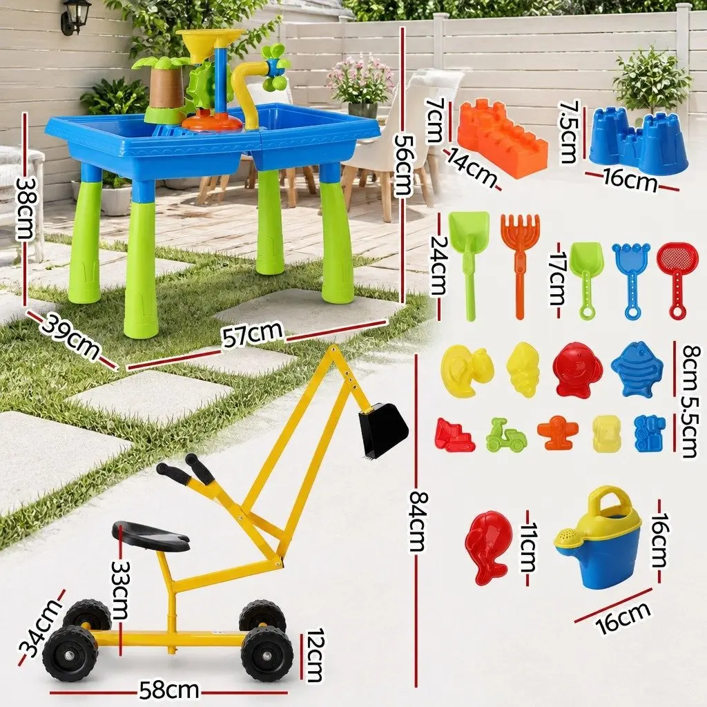 Ride On Digger Toy Outdoor Play Set with Sand Water Table for Kids