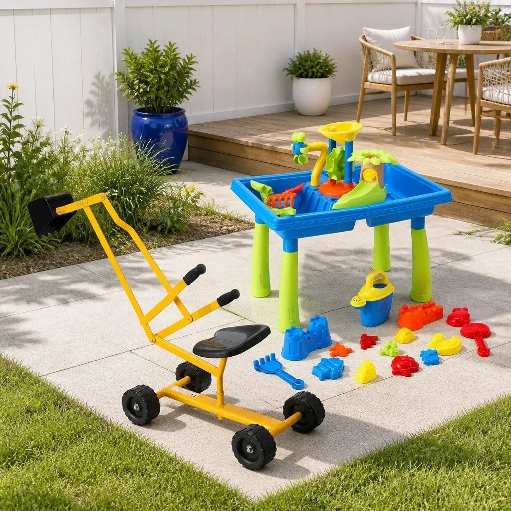 Ride On Digger Toy Outdoor Play Set with Sand Water Table for Kids