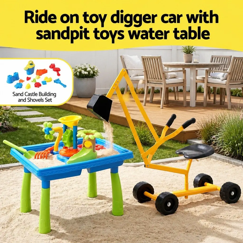 Ride On Digger Toy Outdoor Play Set with Sand Water Table for Kids