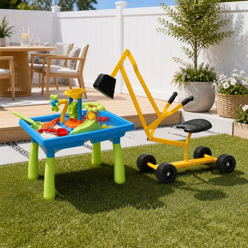 Ride On Digger Toy Outdoor Play Set with Sand Water Table for Kids