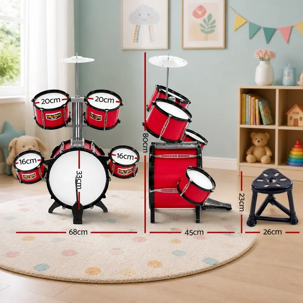 Kids 7 Drum Set Junior Musical Instrument Play Toy Drums Stool Drumsticks Red