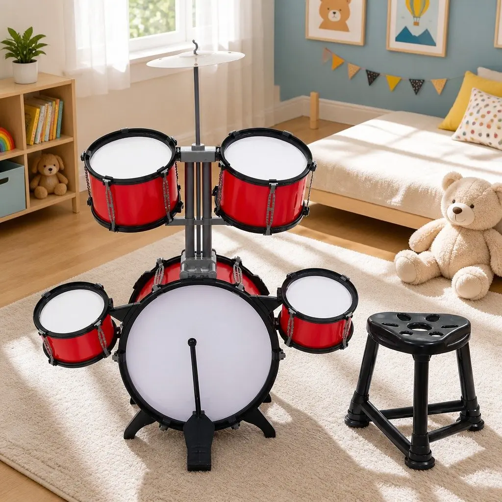 Kids 7 Drum Set Junior Musical Instrument Play Toy Drums Stool Drumsticks Red