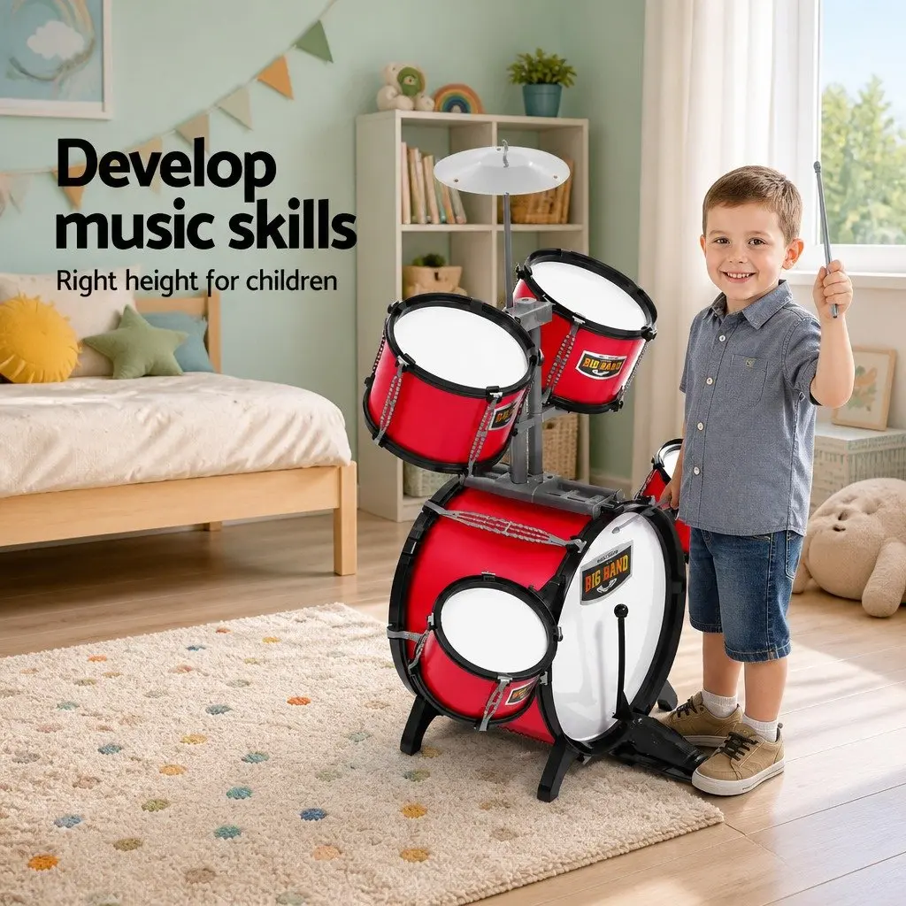 Kids 7 Drum Set Junior Musical Instrument Play Toy Drums Stool Drumsticks Red