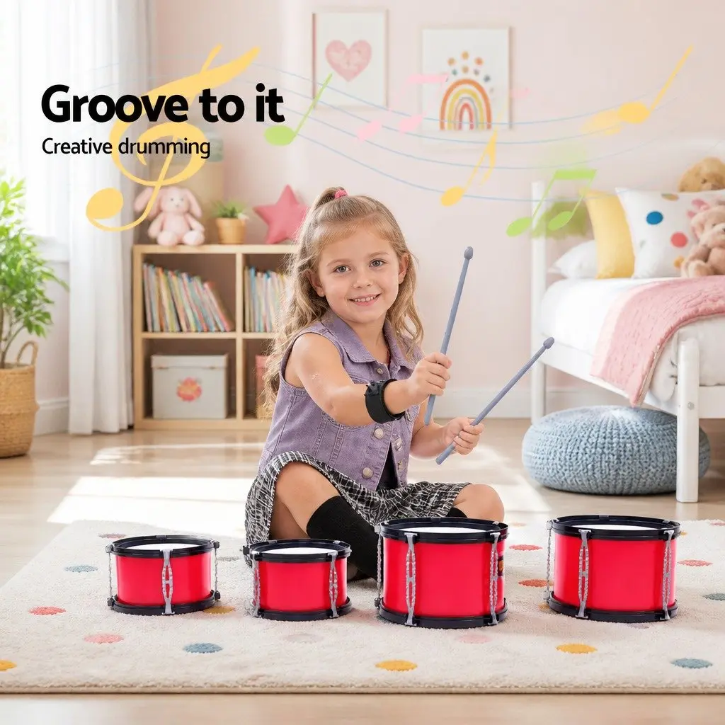 Kids 7 Drum Set Junior Musical Instrument Play Toy Drums Stool Drumsticks Red