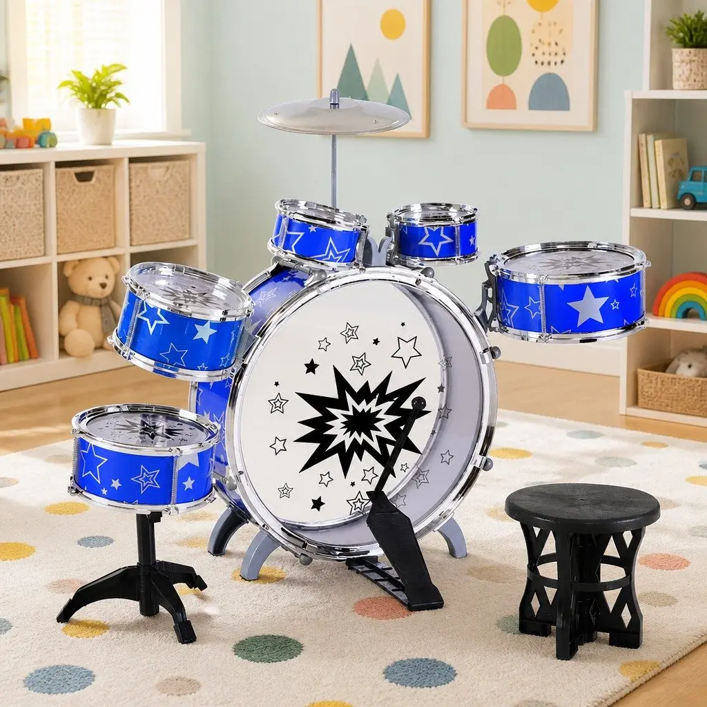 Kids Drum Set 11 Pieces Blue Musical Instrument with Stool Drumsticks Cymbal