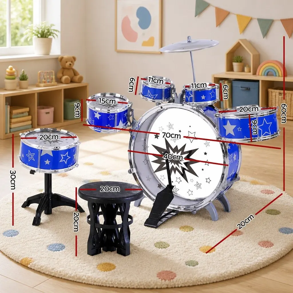 Kids Drum Set 11 Pieces Blue Musical Instrument with Stool Drumsticks Cymbal