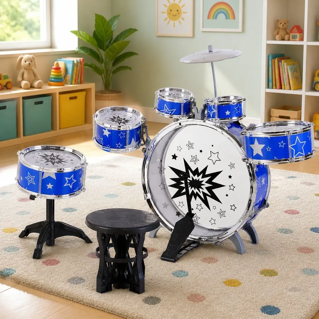 Kids Drum Set 11 Pieces Blue Musical Instrument with Stool Drumsticks Cymbal