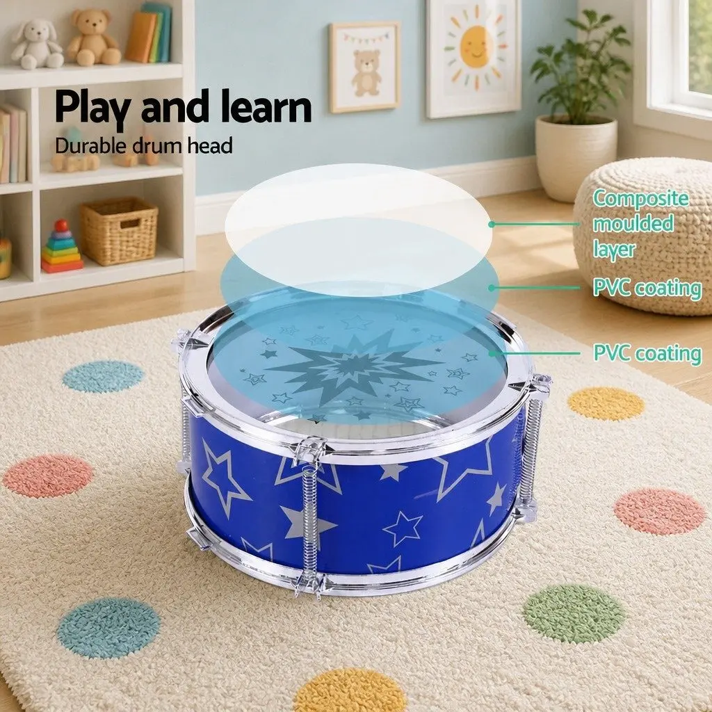 Kids Drum Set 11 Pieces Blue Musical Instrument with Stool Drumsticks Cymbal