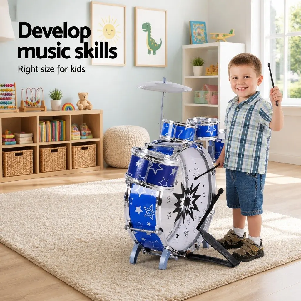 Kids Drum Set 11 Pieces Blue Musical Instrument with Stool Drumsticks Cymbal