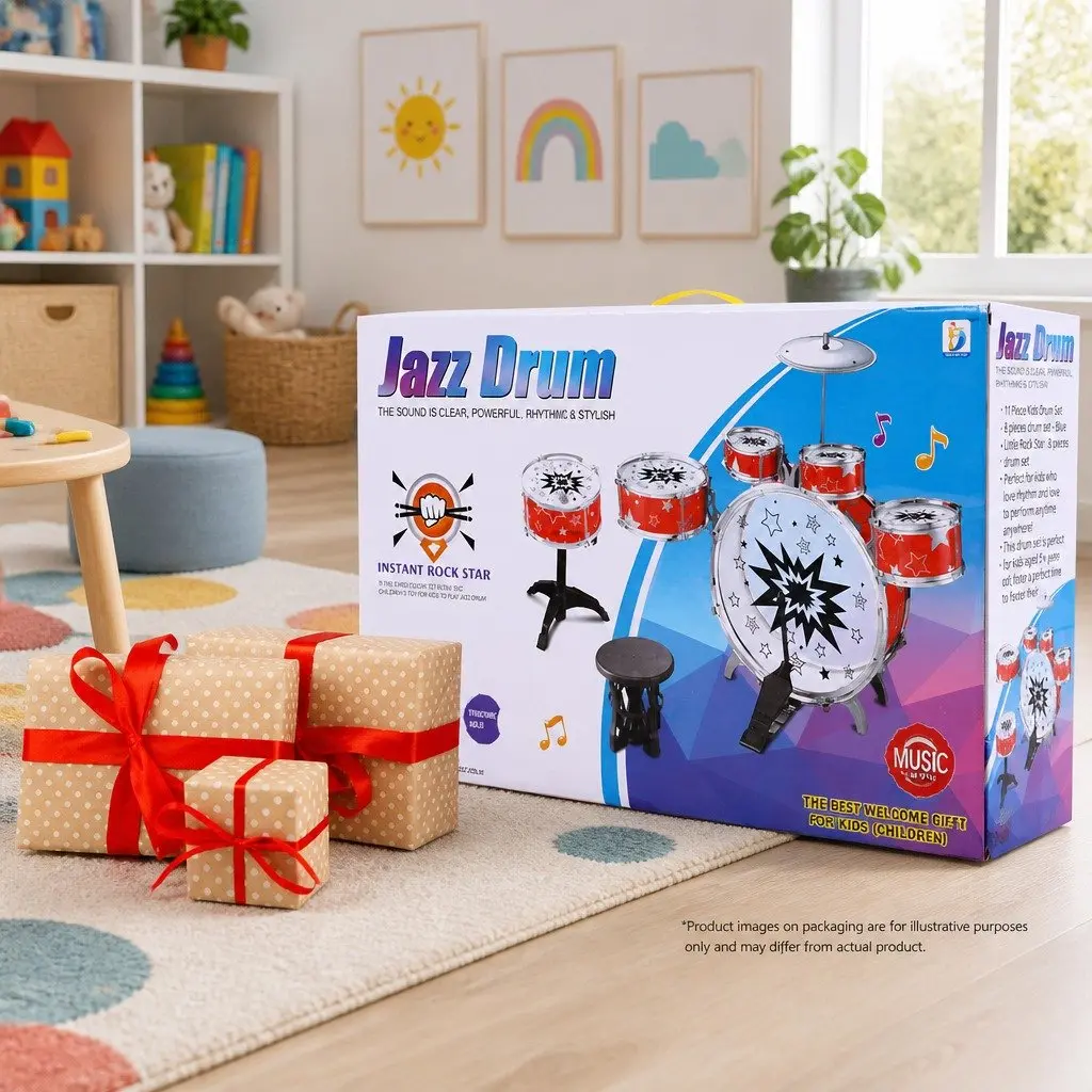 Kids Drum Set 11 Pieces Blue Musical Instrument with Stool Drumsticks Cymbal