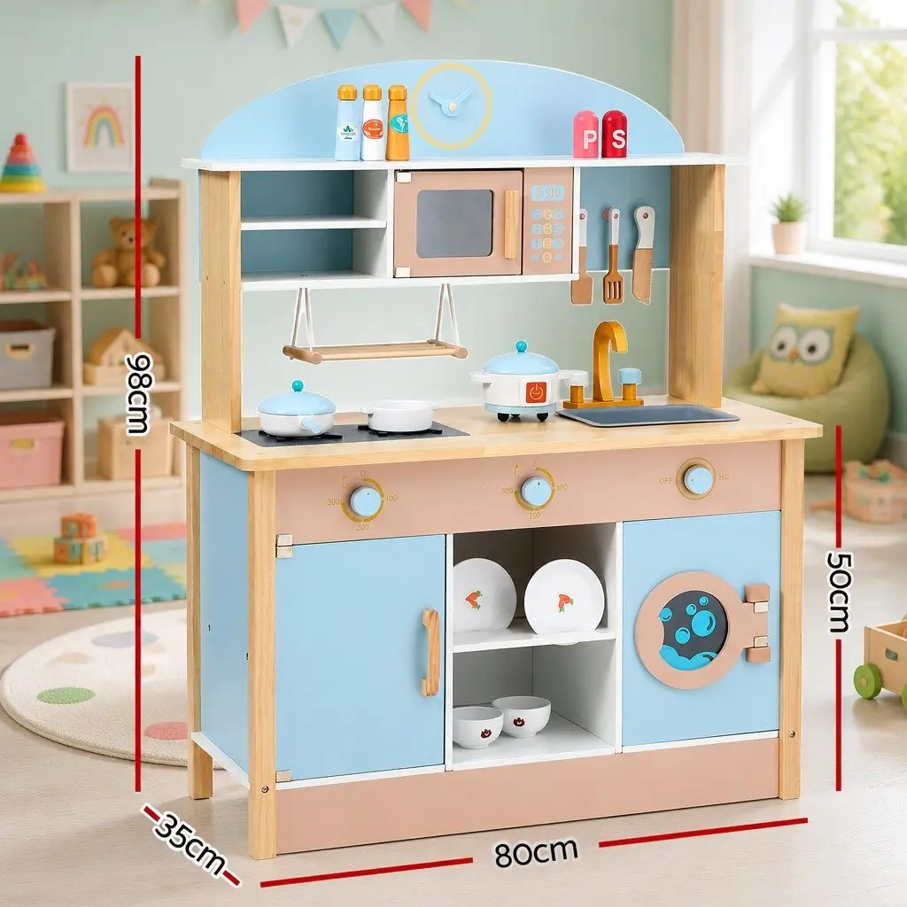 Wooden Kitchen Play Set for Kids Interactive Cooking Toys 80cm x 35cm x 98cm