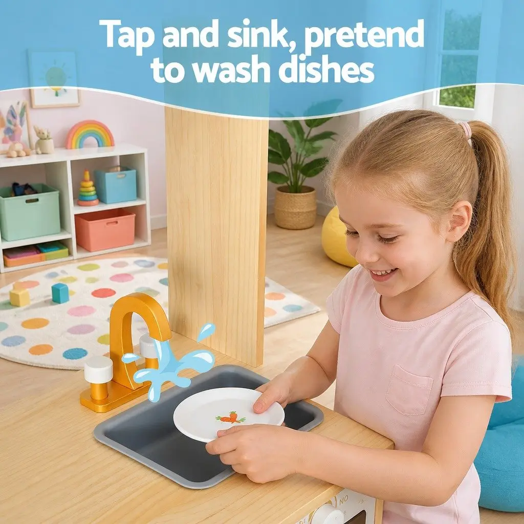 Wooden Kitchen Play Set for Kids Interactive Cooking Toys 80cm x 35cm x 98cm