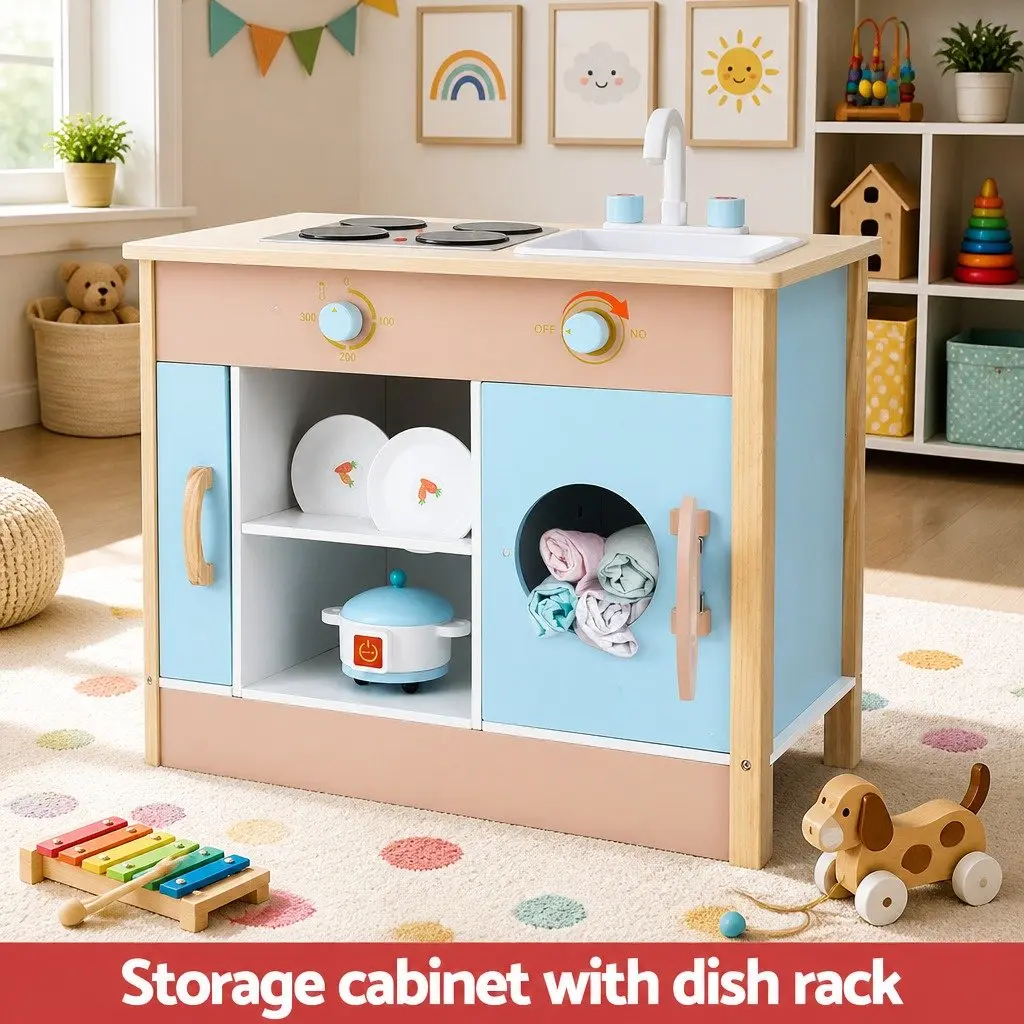 Wooden Kitchen Play Set for Kids Interactive Cooking Toys 80cm x 35cm x 98cm