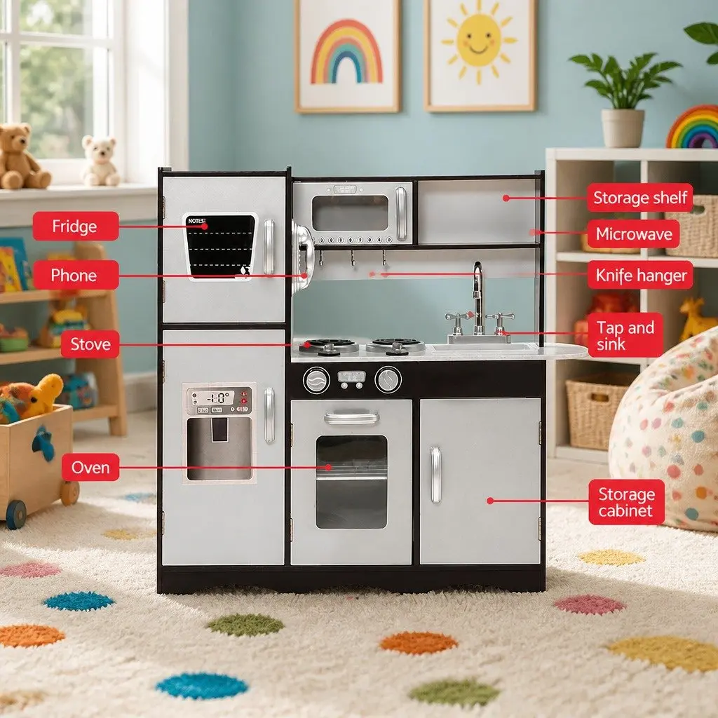 Wooden Kitchen Play Set for Kids Pretend Cooking Toys 86cm x 30cm x 80cm