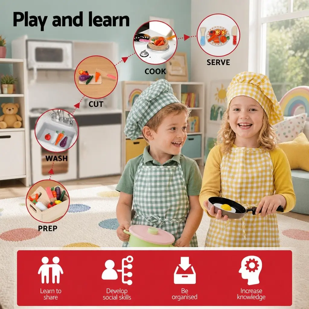 Wooden Kitchen Play Set for Kids Pretend Cooking Toys 86cm x 30cm x 80cm