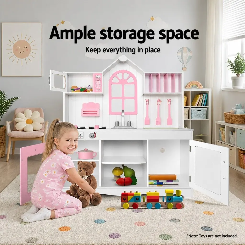 Kids Wooden Kitchen Play Set Princess Role Play Cooking Pretend Toys Storage