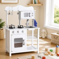 Wooden Kids Kitchen Play Set Pretend Cooking Toys Children Cookware Food White