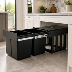 Pull Out Bin Kitchen Double Basket 2x15L Black Under Bench Waste Organizer