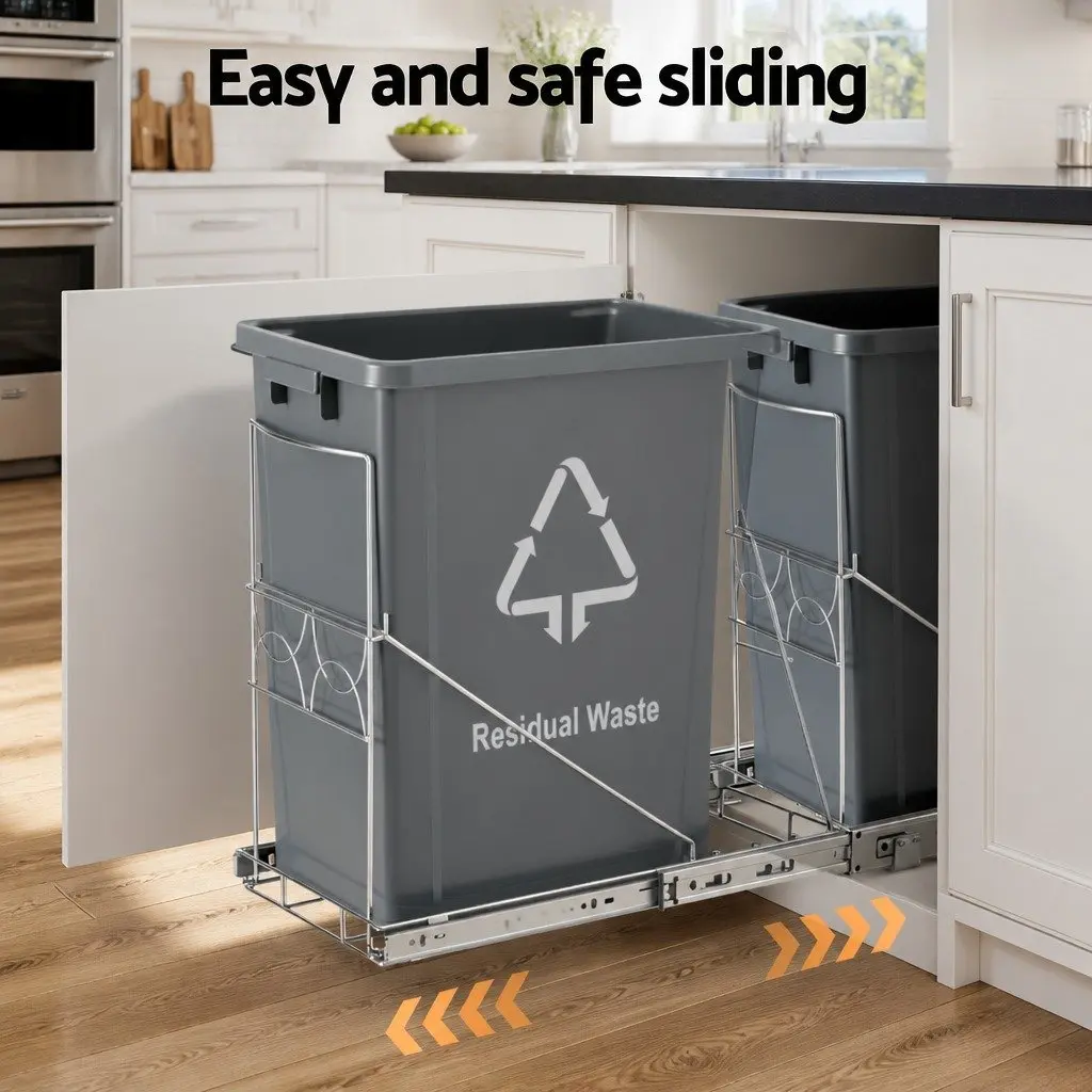 Pull Out Bin Kitchen Cabinet 40L Waste Basket Storage