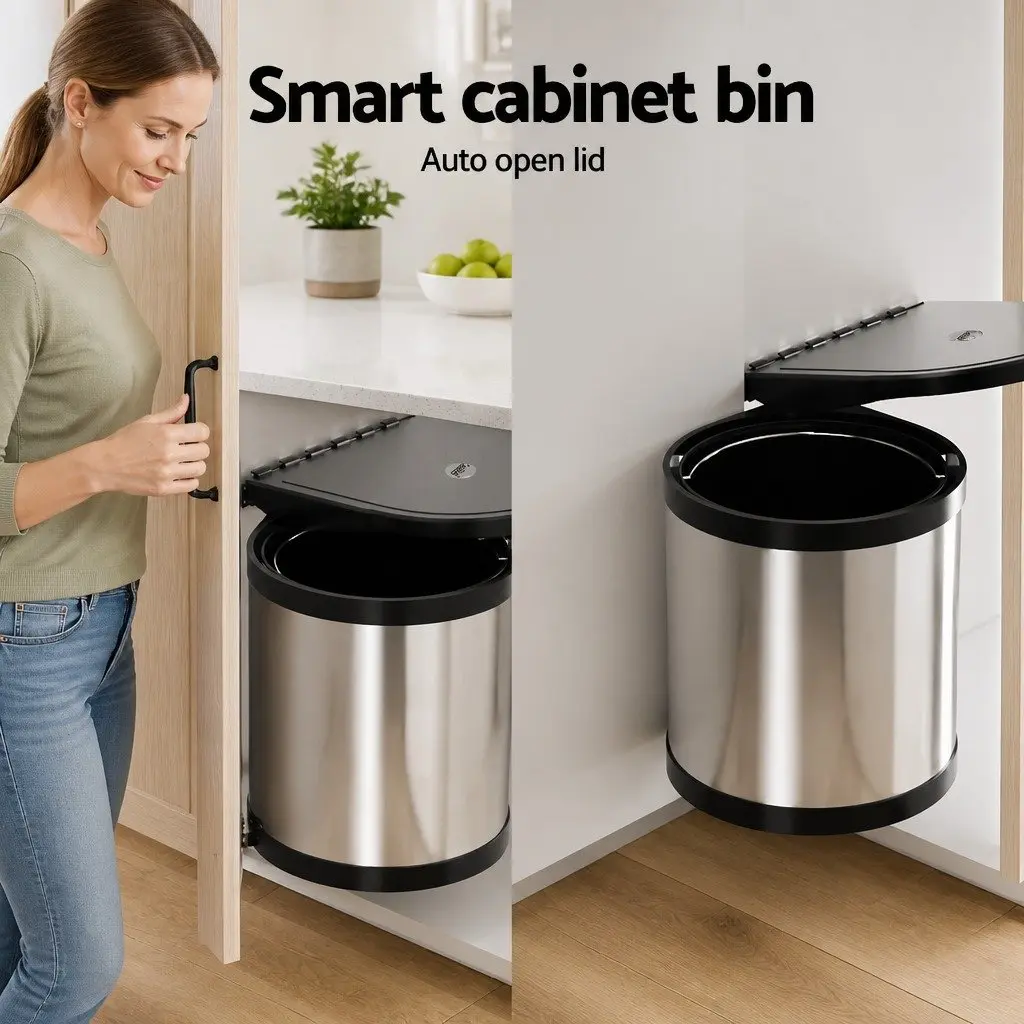 Pull Out Swing Out Kitchen Bin 12L Silver Cabinet Waste Dustbin Trash Can