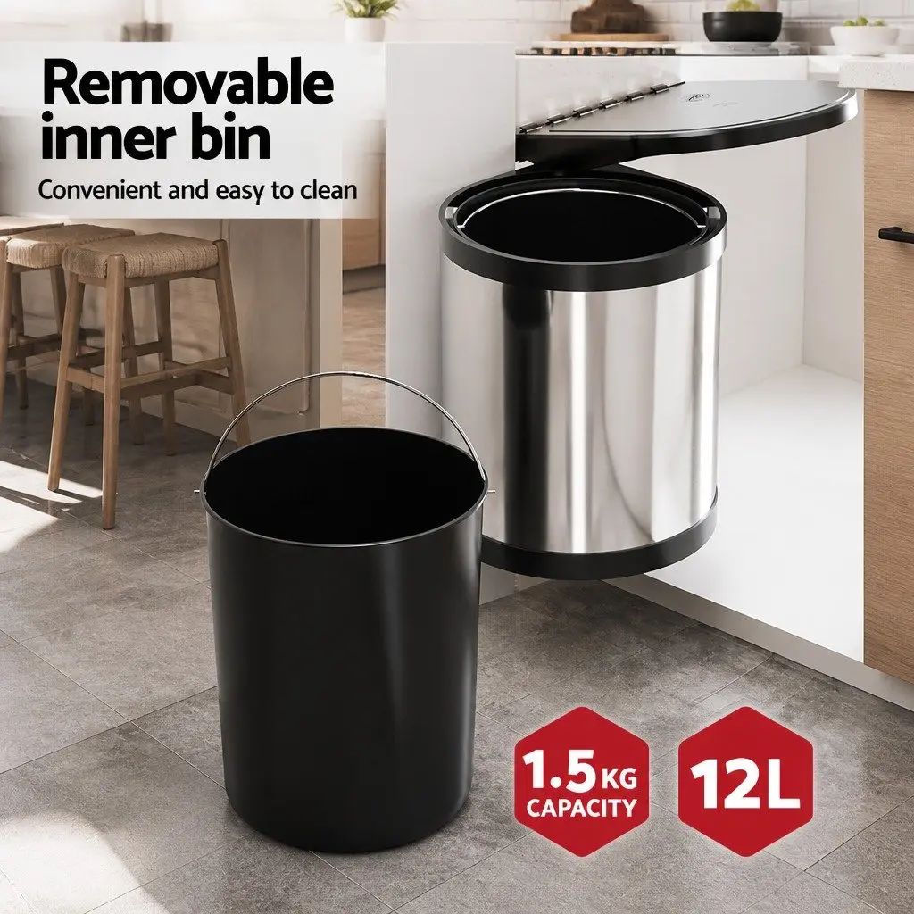 Pull Out Swing Out Kitchen Bin 12L Silver Cabinet Waste Dustbin Trash Can