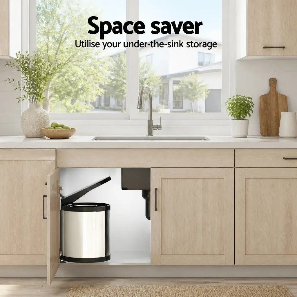 Pull Out Swing Out Kitchen Bin 12L Silver Cabinet Waste Dustbin Trash Can