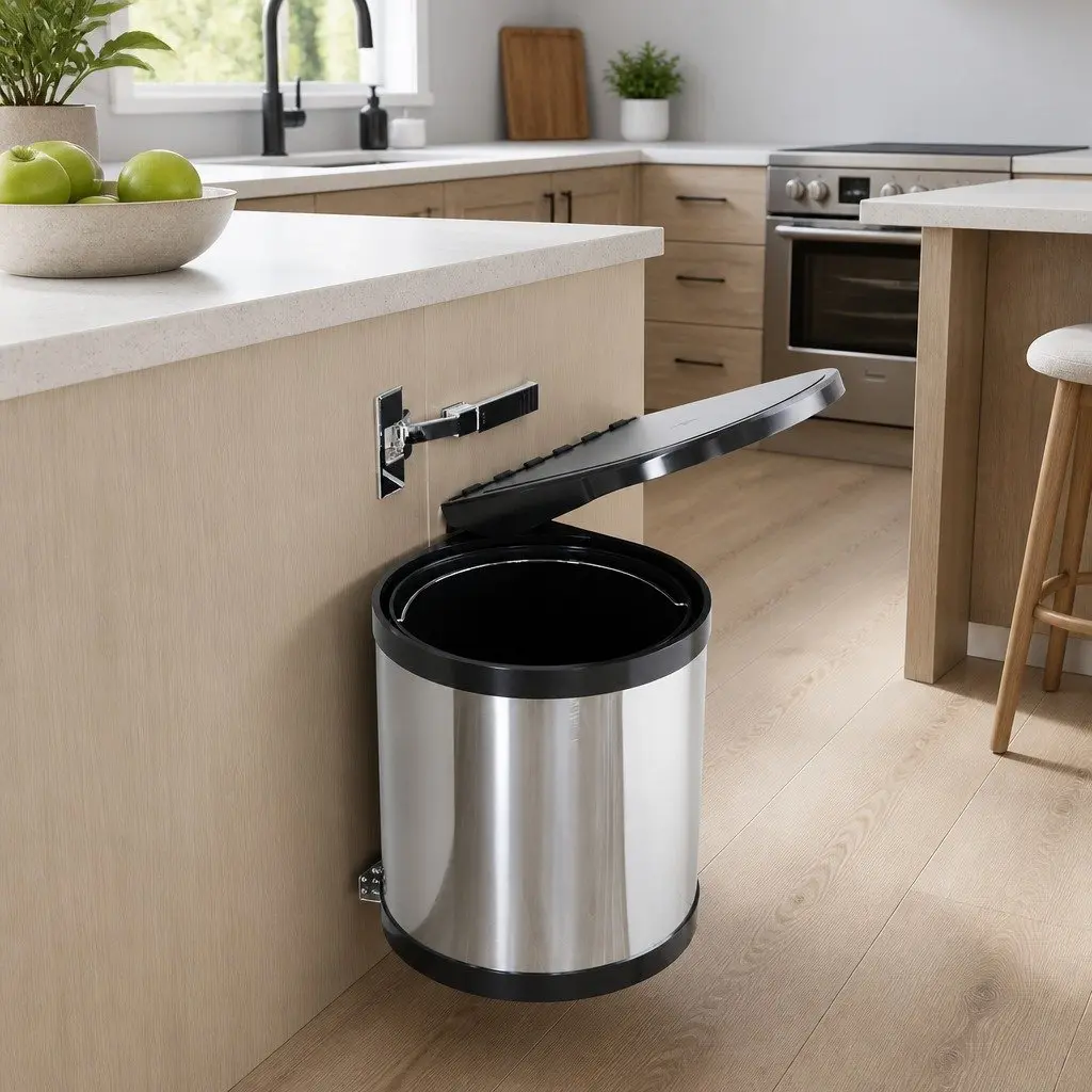 Pull Out Swing Out Kitchen Bin 12L Silver Cabinet Waste Dustbin Trash Can