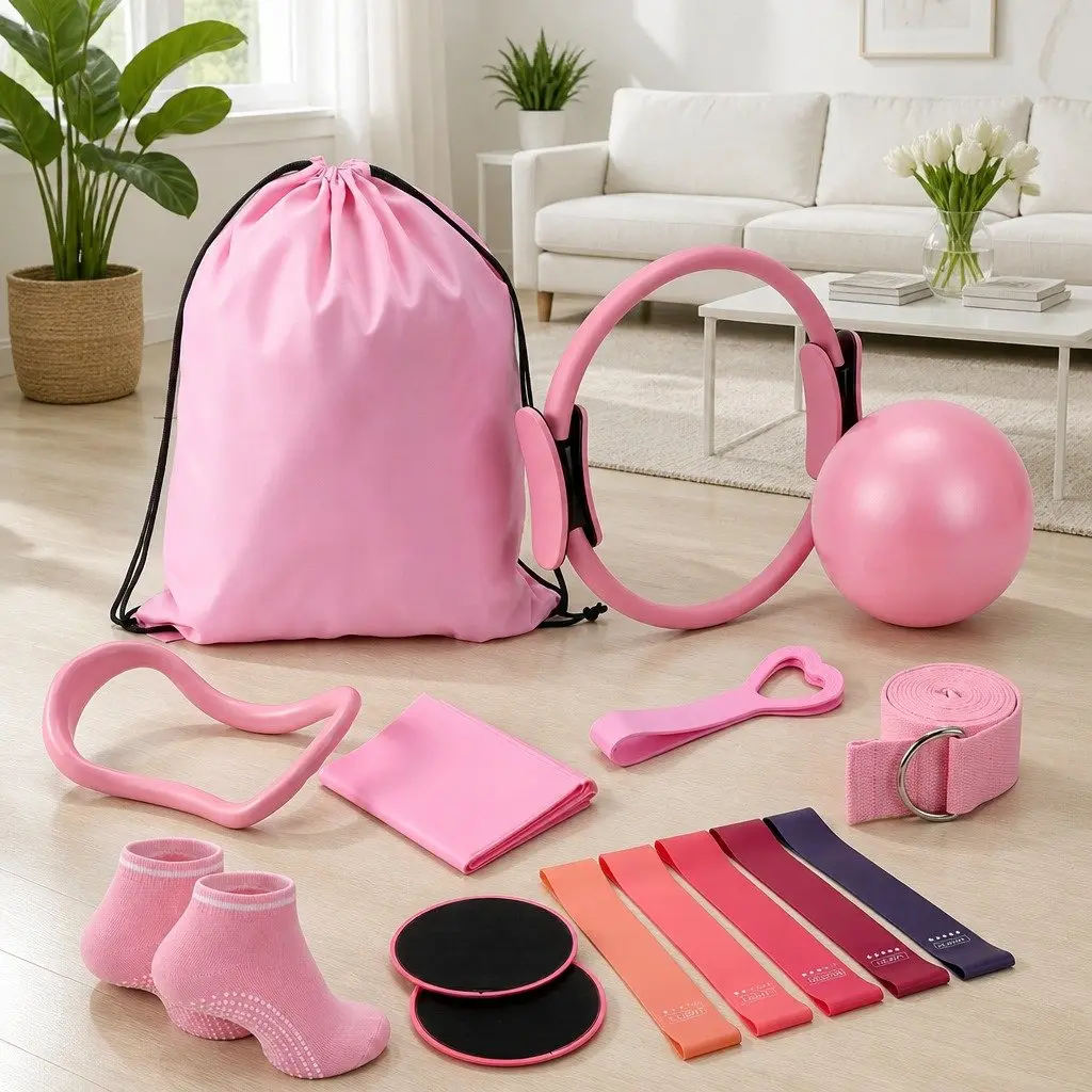 Pilates Ring Set 15 Pieces Home Workout Kit with Yoga Ball Resistance Bands