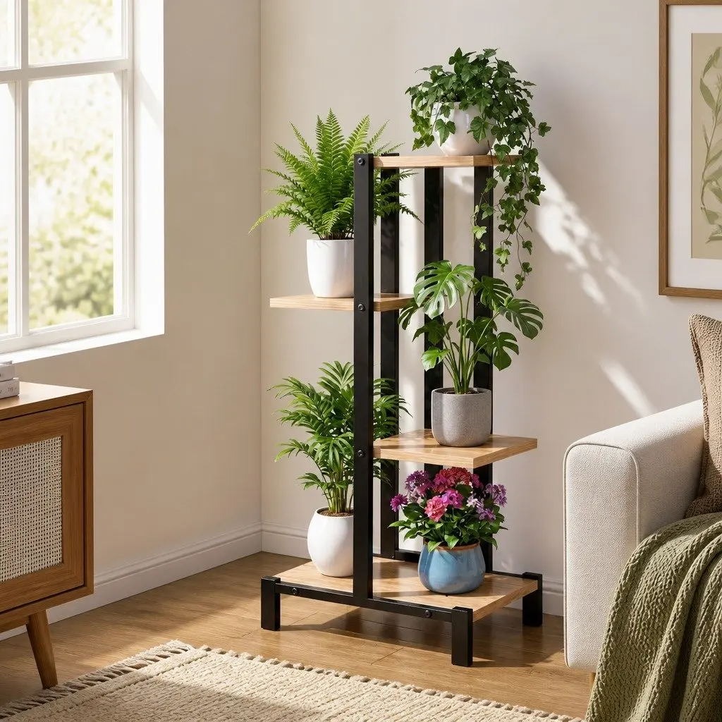 4-Tier Plant Stand Metal Frame Flower Pots Shelf Indoor Outdoor Garden Display