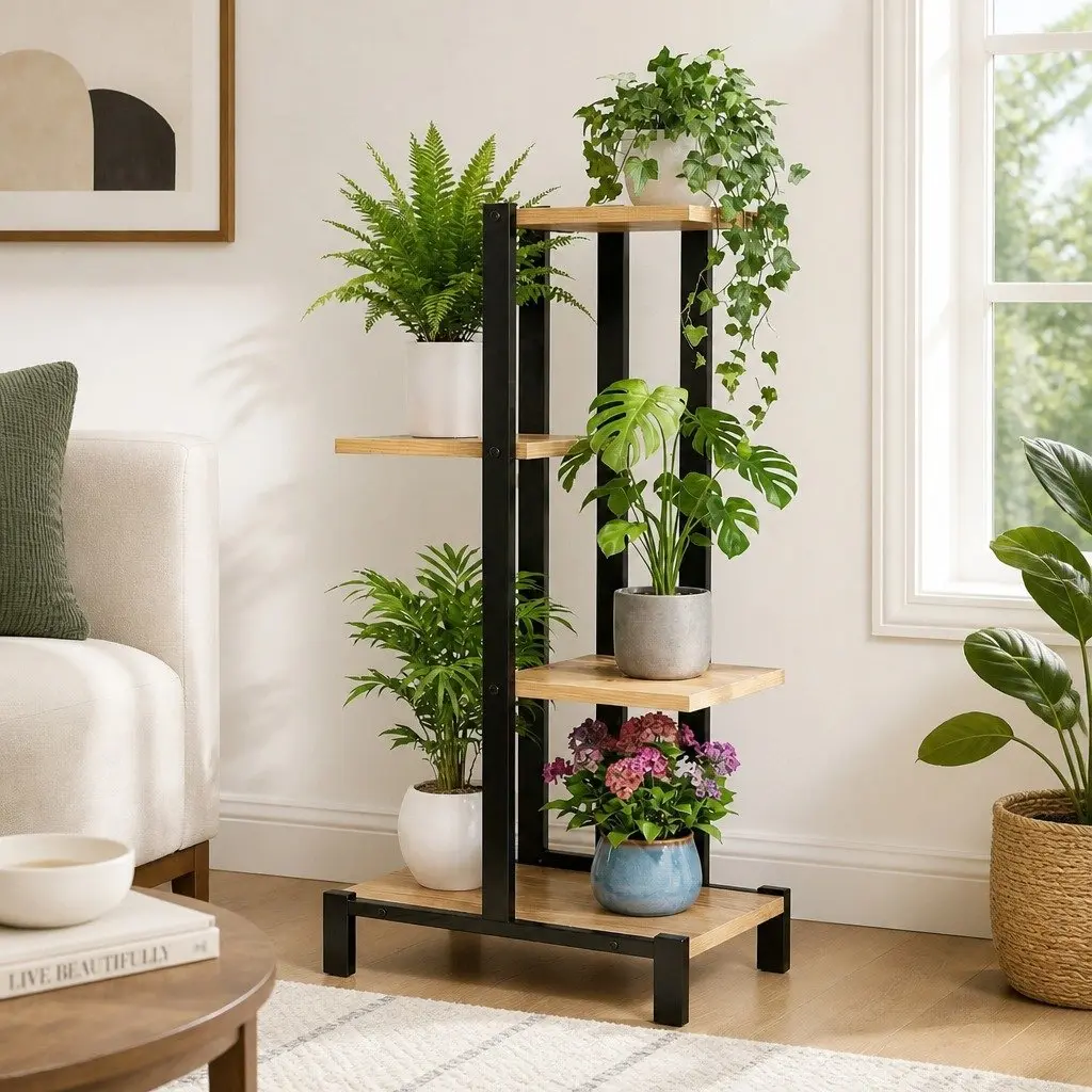 4-Tier Plant Stand Indoor Outdoor Metal Frame Flower Pots Shelf 40cm x 23cm x 75cm