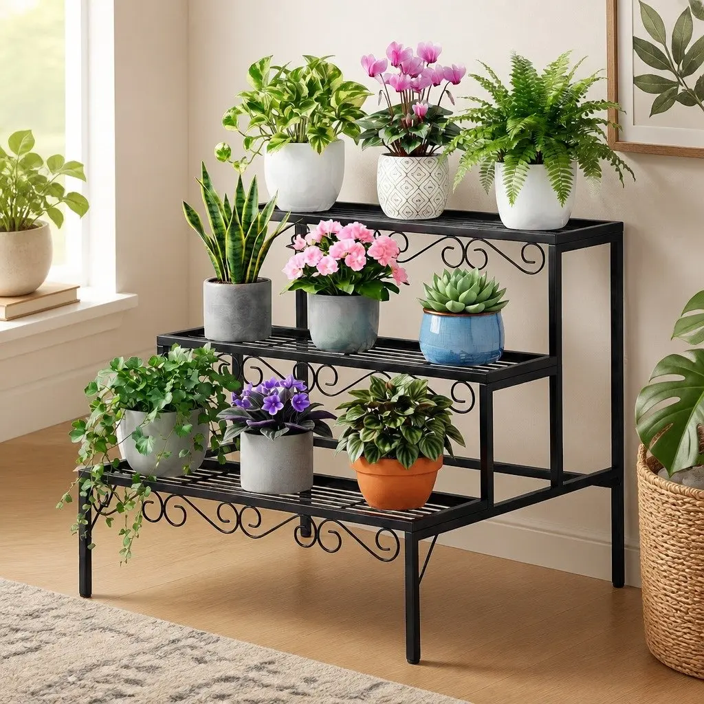 3 Tier Metal Plant Stand Indoor Outdoor Display 70cm W x 60cm D x 62.5cm H