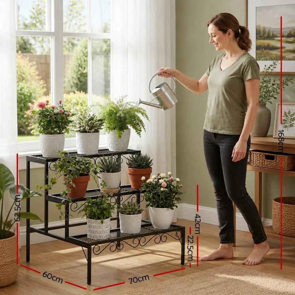 3 Tier Metal Plant Stand Indoor Outdoor Display 70cm W x 60cm D x 62.5cm H