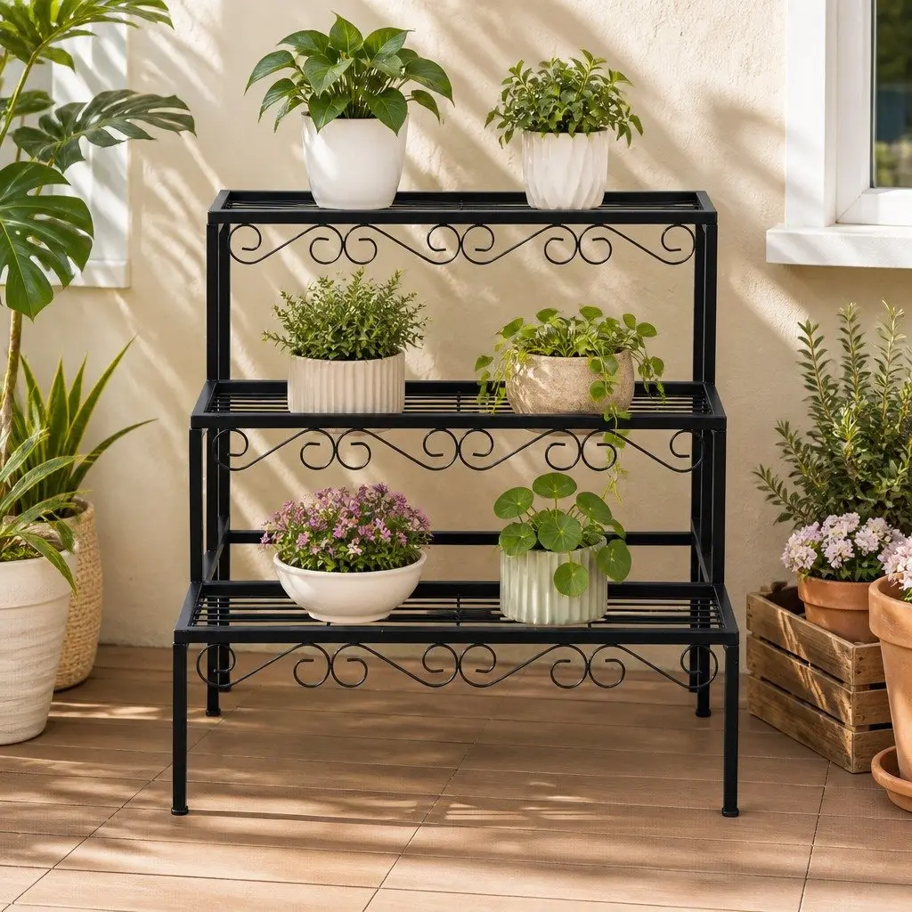 3 Tier Metal Plant Stand Indoor Outdoor Display 70cm W x 60cm D x 62.5cm H