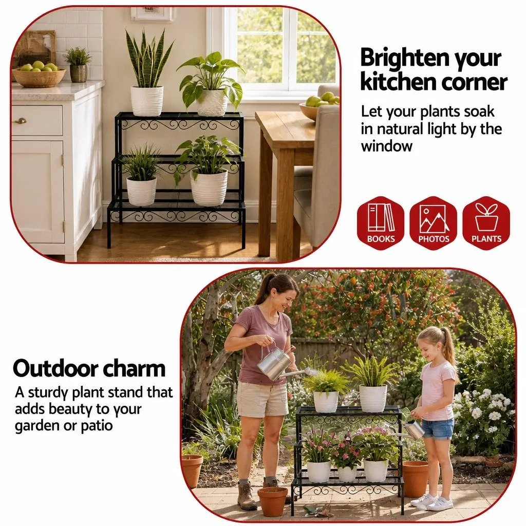 3 Tier Metal Plant Stand Indoor Outdoor Display 70cm W x 60cm D x 62.5cm H