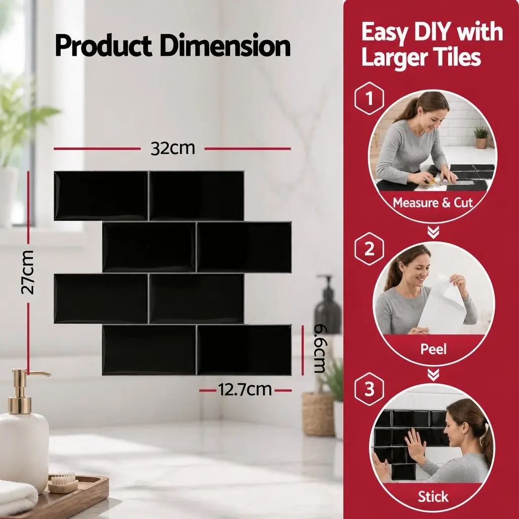 3D Peel and Stick Subway Backsplash Wall Tiles Self Adhesive Black 10 Sheets DIY