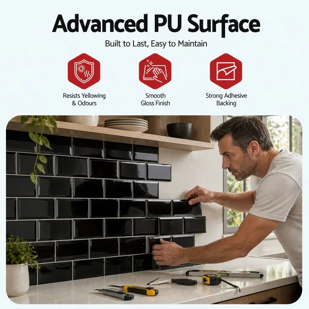 3D Peel and Stick Subway Backsplash Wall Tiles Self Adhesive Black 10 Sheets DIY