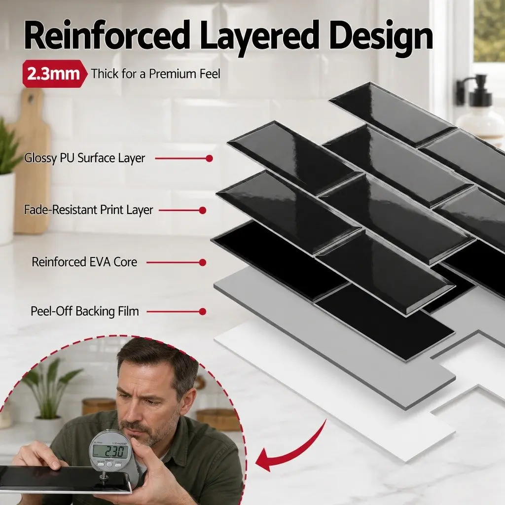 3D Peel and Stick Subway Backsplash Wall Tiles Self Adhesive Black 10 Sheets DIY