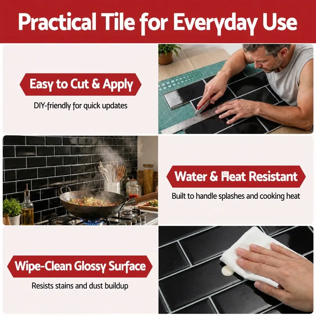 3D Peel and Stick Subway Backsplash Wall Tiles Self Adhesive Black 10 Sheets DIY