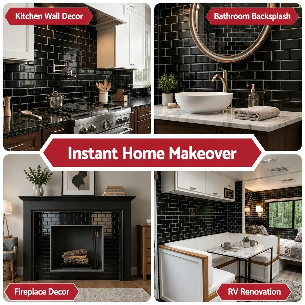 3D Peel and Stick Subway Backsplash Wall Tiles Self Adhesive Black 10 Sheets DIY