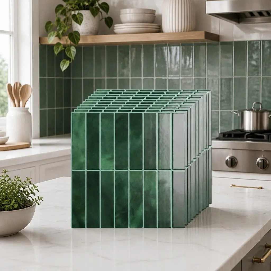 3D Green Peel and Stick Subway Wall Tiles