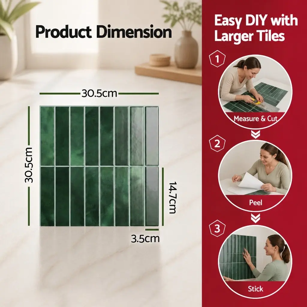 3D Peel and Stick Wall Tiles Kitchen Bathroom Backsplash Green 30.5x30.5cm
