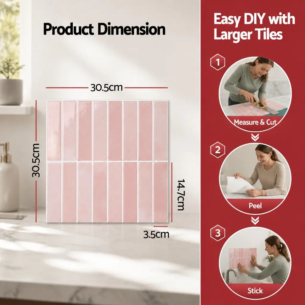 3D Peel and Stick Wall Tiles for Kitchen and Bathroom Pink LinearGrid Subway 30.5 x 30.5 cm