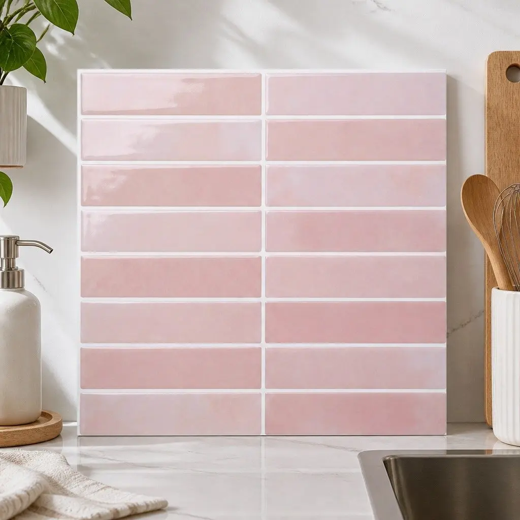 3D Peel and Stick Wall Tiles for Kitchen and Bathroom Pink LinearGrid Subway 30.5 x 30.5 cm