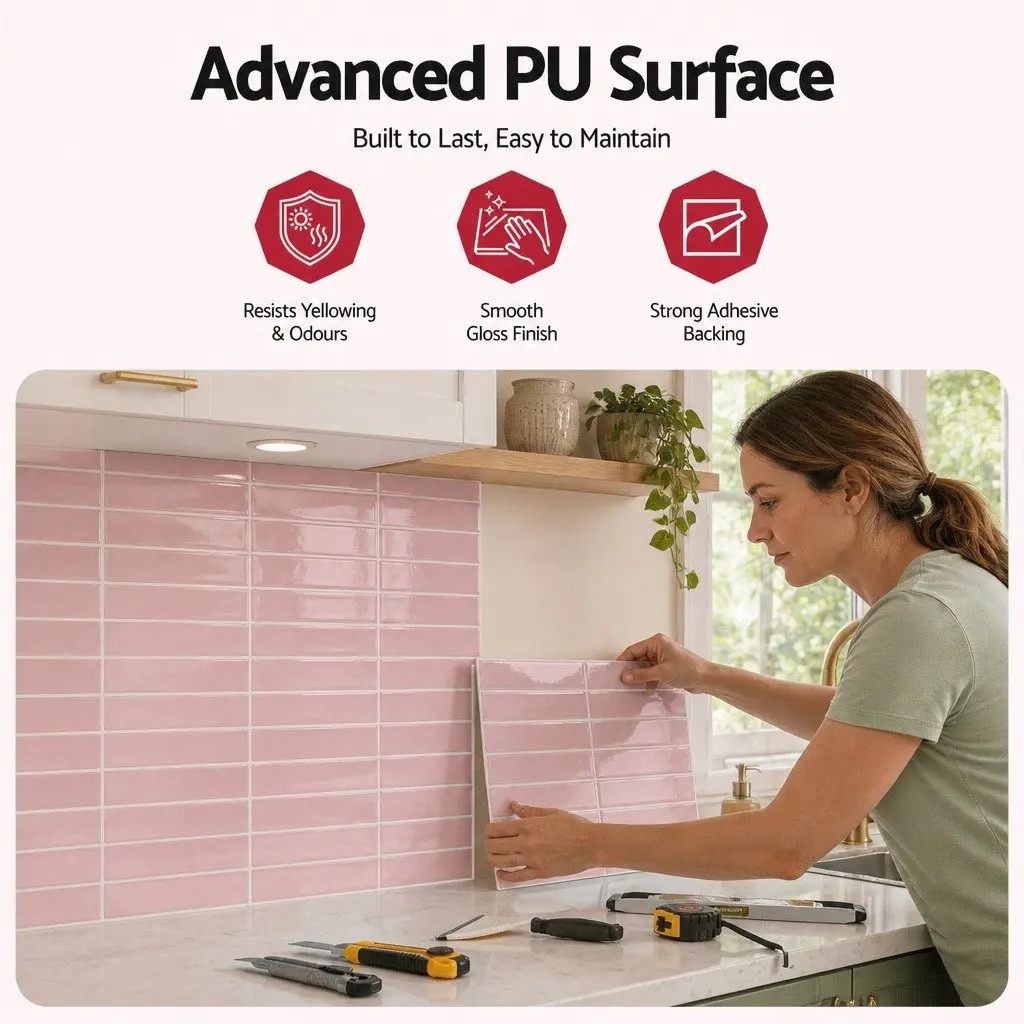 3D Peel and Stick Wall Tiles for Kitchen and Bathroom Pink LinearGrid Subway 30.5 x 30.5 cm