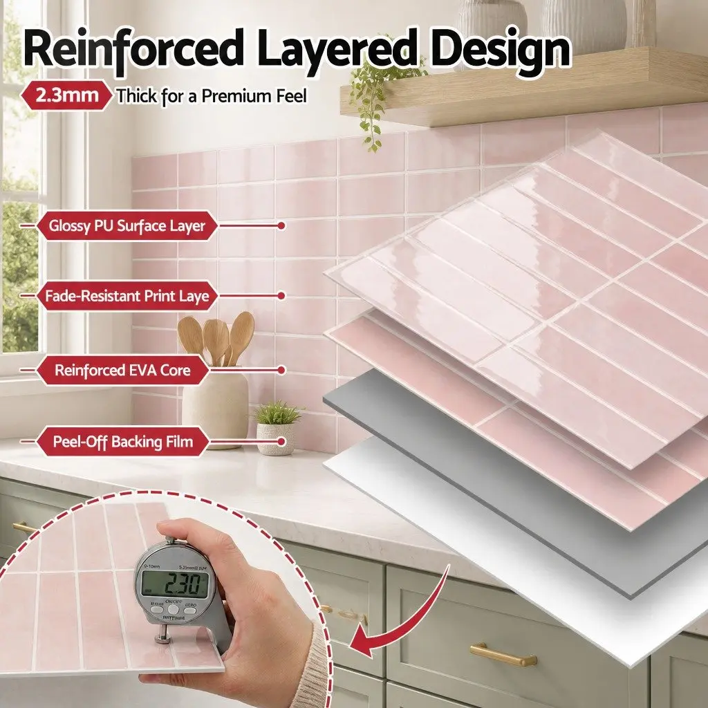 3D Peel and Stick Wall Tiles for Kitchen and Bathroom Pink LinearGrid Subway 30.5 x 30.5 cm