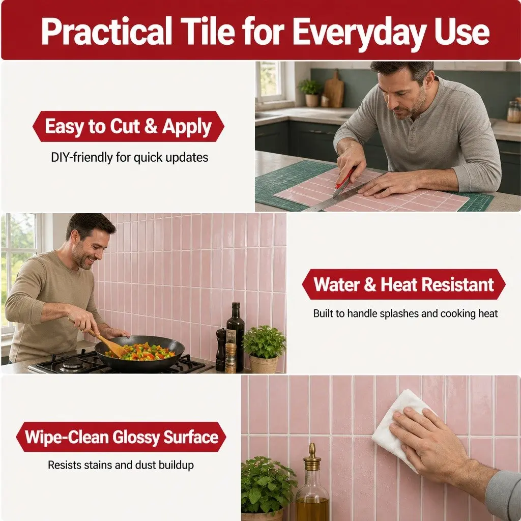 3D Peel and Stick Wall Tiles for Kitchen and Bathroom Pink LinearGrid Subway 30.5 x 30.5 cm