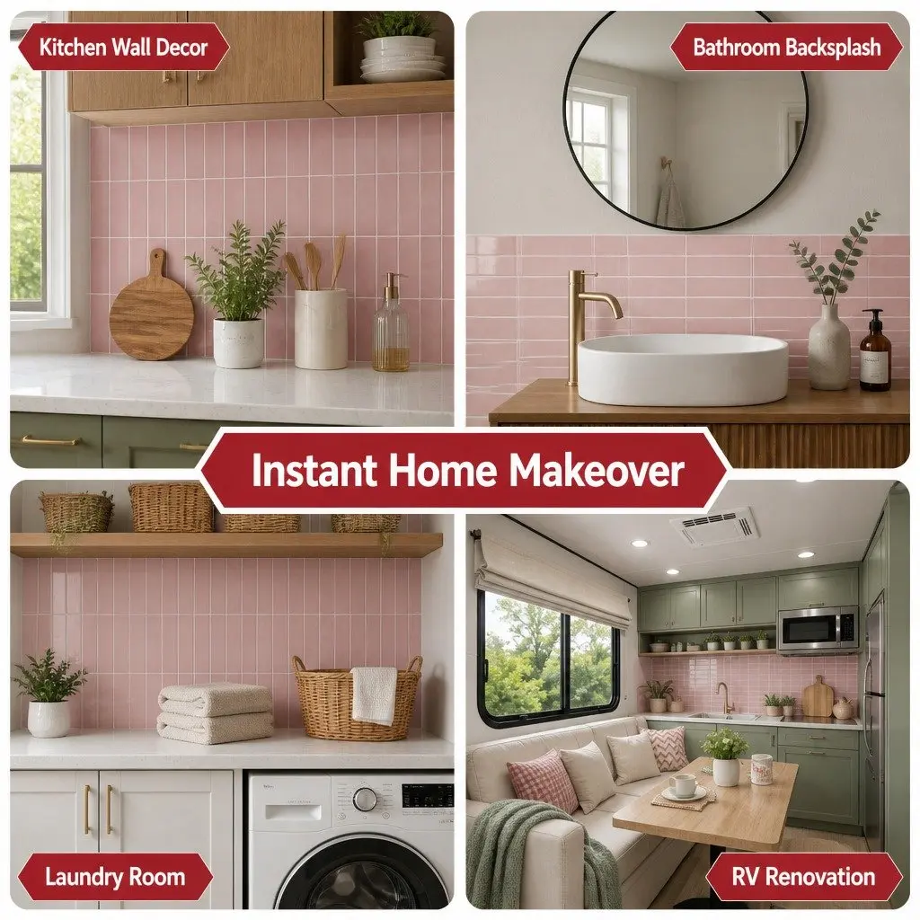 3D Peel and Stick Wall Tiles for Kitchen and Bathroom Pink LinearGrid Subway 30.5 x 30.5 cm