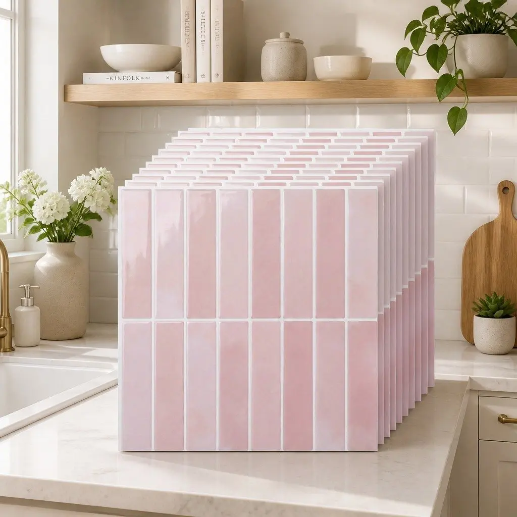 3D Peel and Stick Wall Tiles for Kitchen and Bathroom Pink LinearGrid Subway 30.5 x 30.5 cm