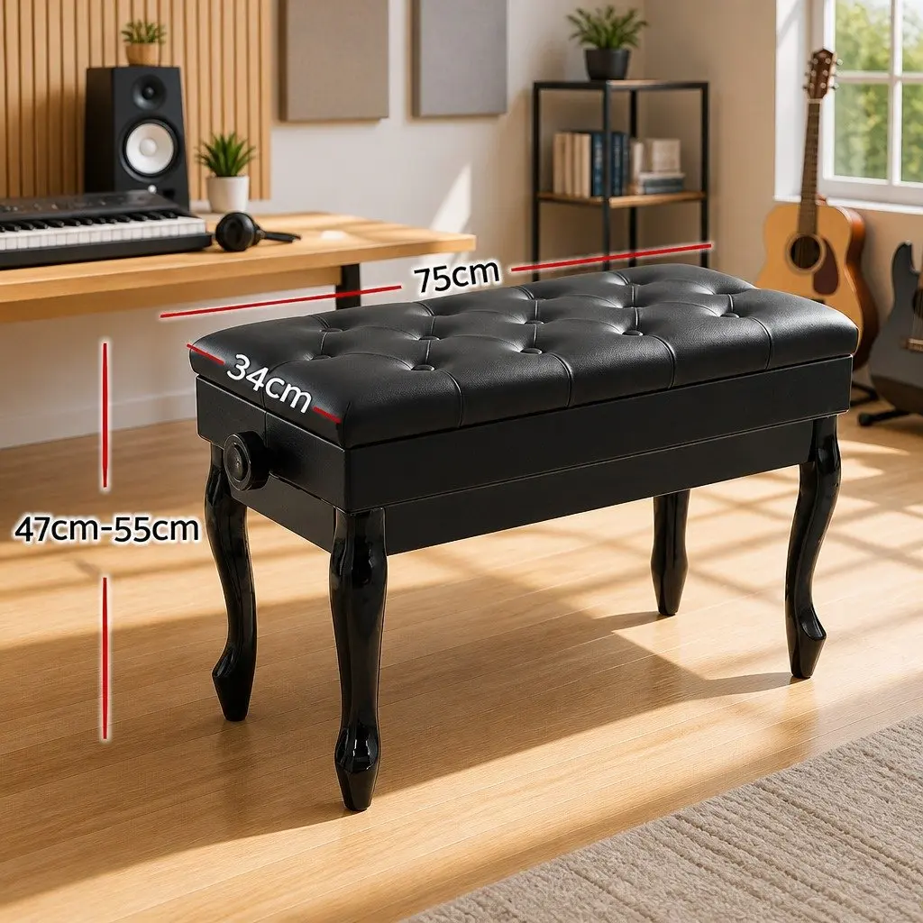 Piano Bench Stool Adjustable Height Storage Keyboard Seat Black
